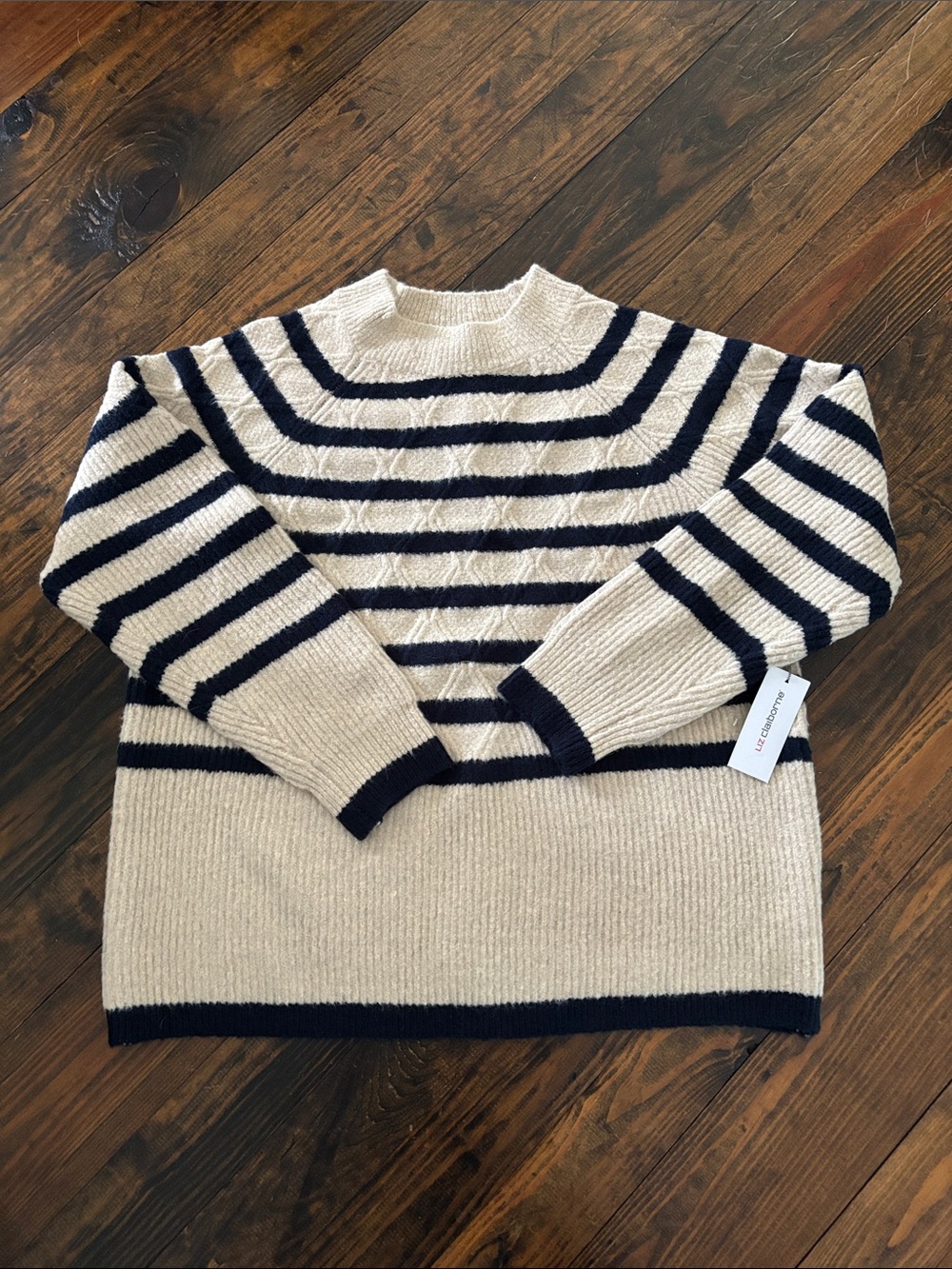 Liz Claiborne Cream and Navy Striped Crewneck Sweater